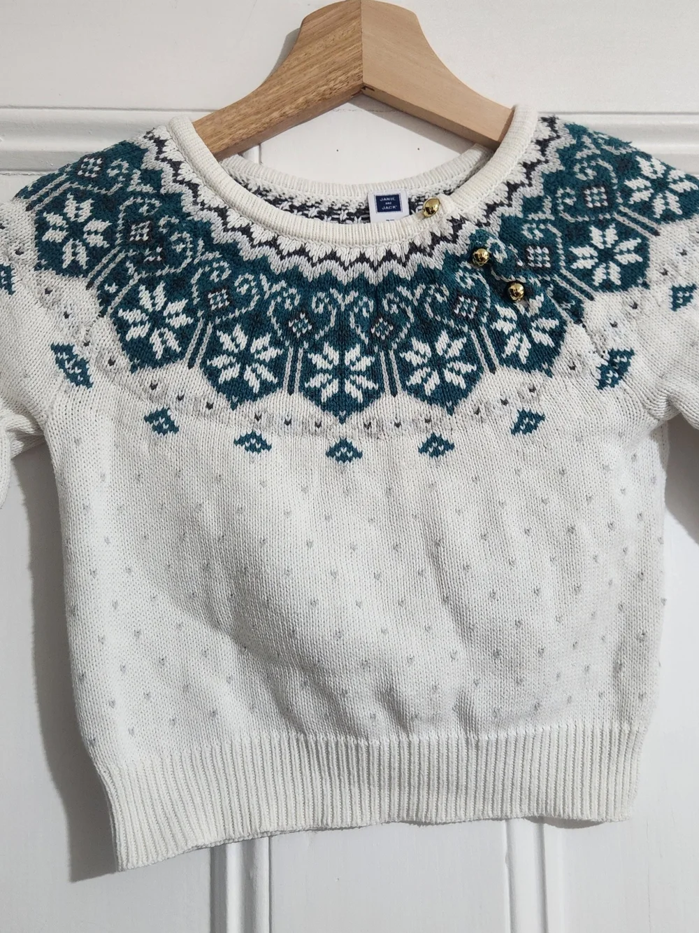Janie and Jack White Crewneck Sweater with Teal Fair Isle‎ Yoke 2T